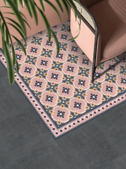 Pink floral patterned floor tiles