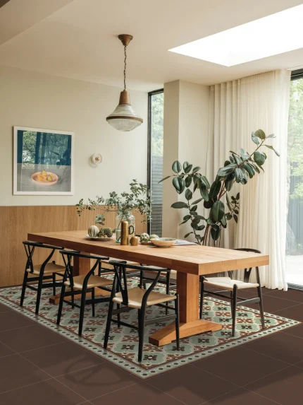 Decorative tiles under dining table